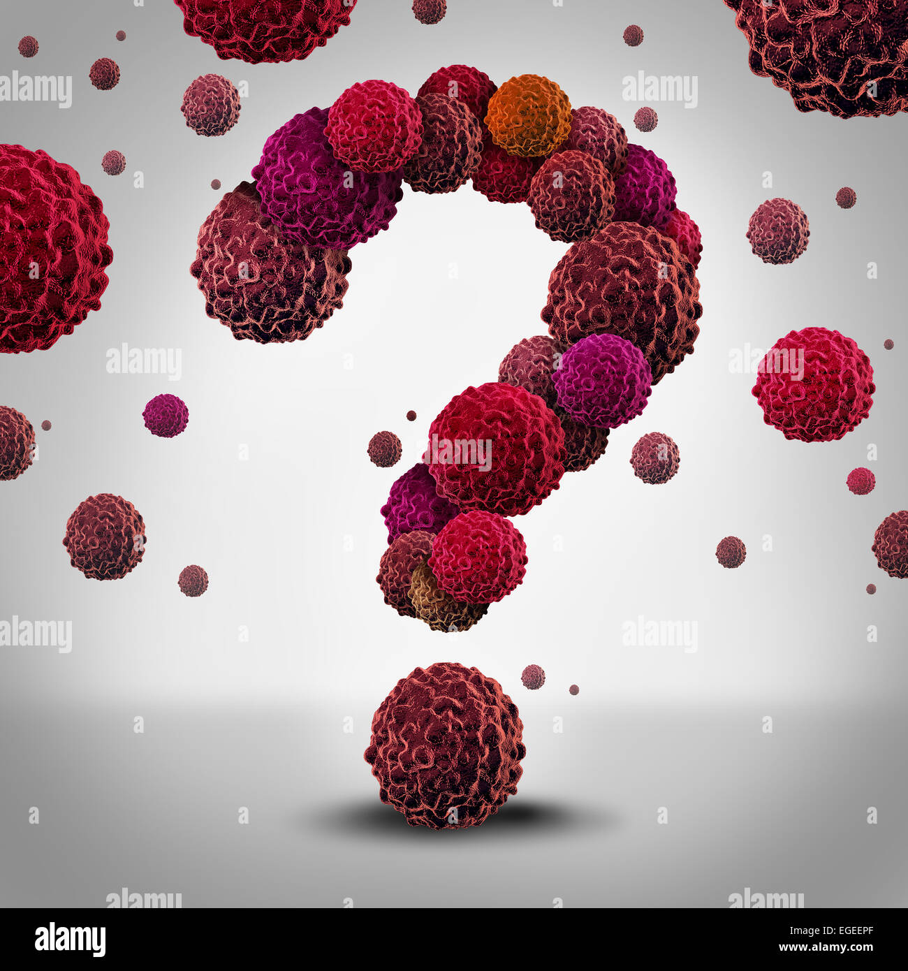 Krebs-Fragen-Konzept als Krebszellen geformt wie ein Fragezeichen verbreitet und wächst wie bösartigen Wachstums in einem menschlichen Körper Stockfoto