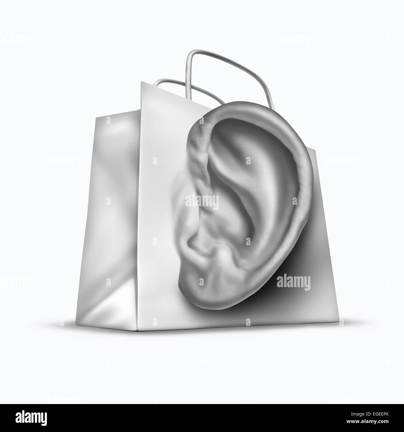 Kunden Umfrage Konzept wie eine Einkaufstasche, geformt wie ein menschliches Ohr als Retail Geschäft Symbol für das hören auf die Bedürfnisse des Verbrauchers und Unternehmenskommunikation auf weißem Hintergrund. Stockfoto