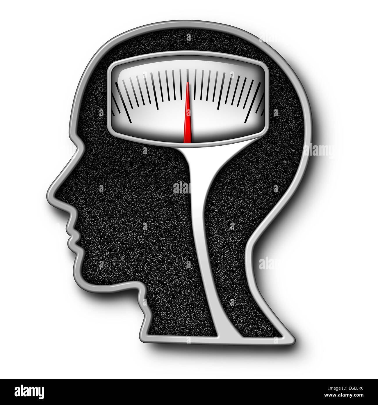 Diät-Psychologie-Konzept als normale Waage in Form eines menschlichen Kopfes als Symbol für das Essen Probleme und Besessenheit von Kalorienzählen mit einem Kilogramm oder Pfund Messgeräte. Stockfoto