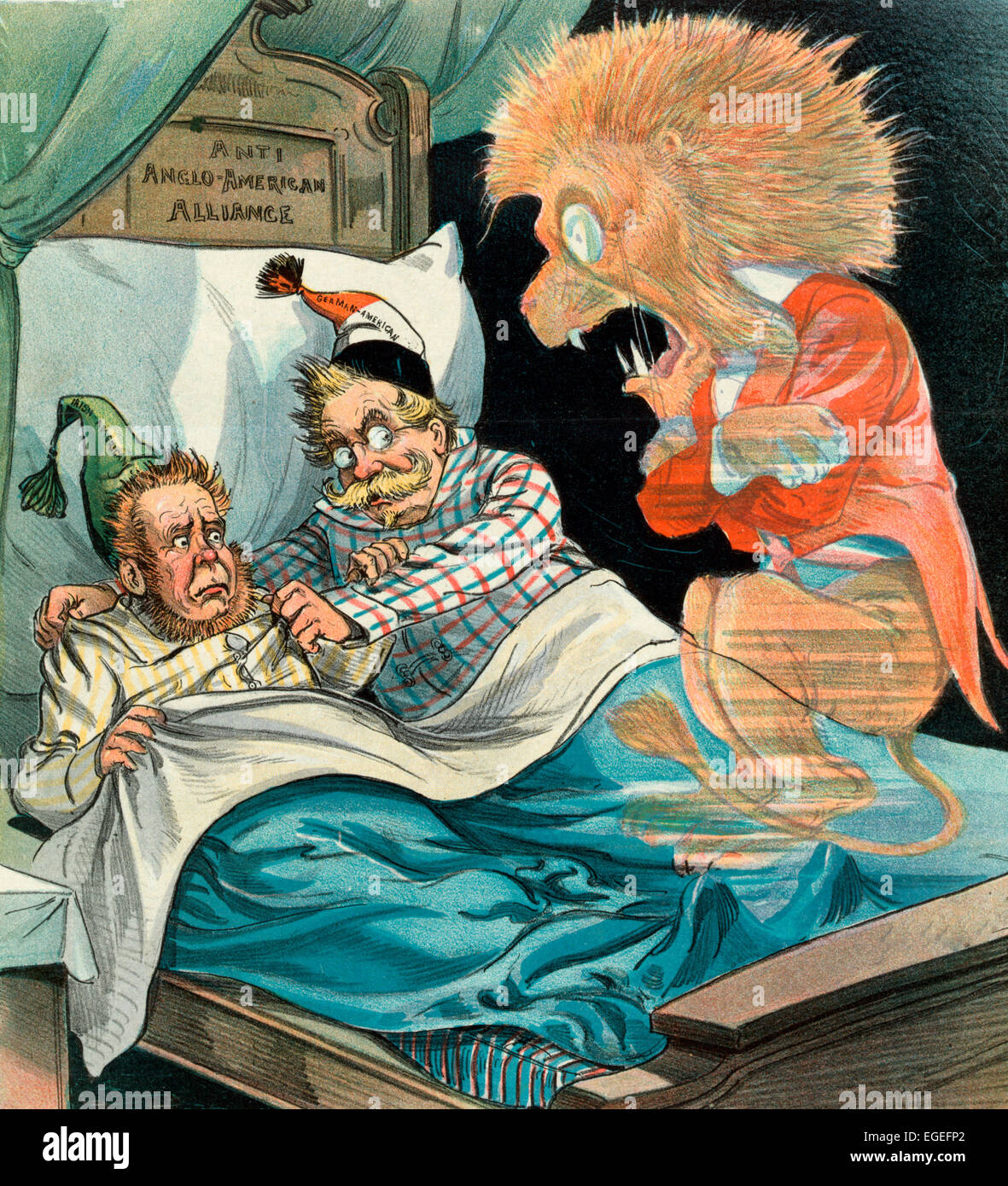 Politik macht seltsamen Bettgenossen - den Geist der britischen Lion reagieren mit Angst auf der Suche nach einer "irischer Amerikaner" und eine "German American" in einem Bett mit der Bezeichnung "Anti anglo-amerikanische Allianz". Politische Karikatur, 1899 Stockfoto