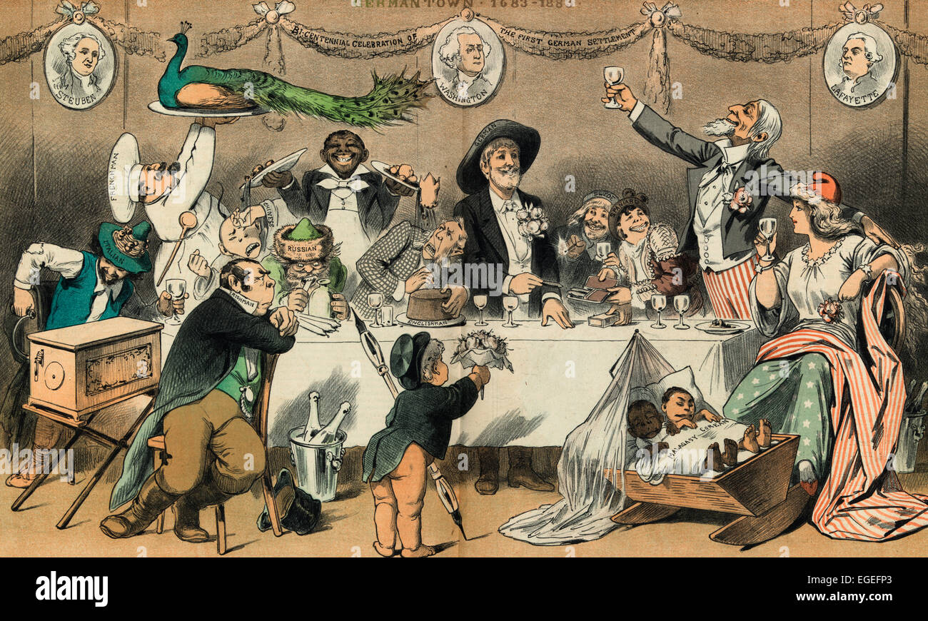 Ein Family Party - 200. Geburtstag der gesündesten Uncle Sams adoptierten Kinder.  Politische Karikatur 1883 Stockfoto