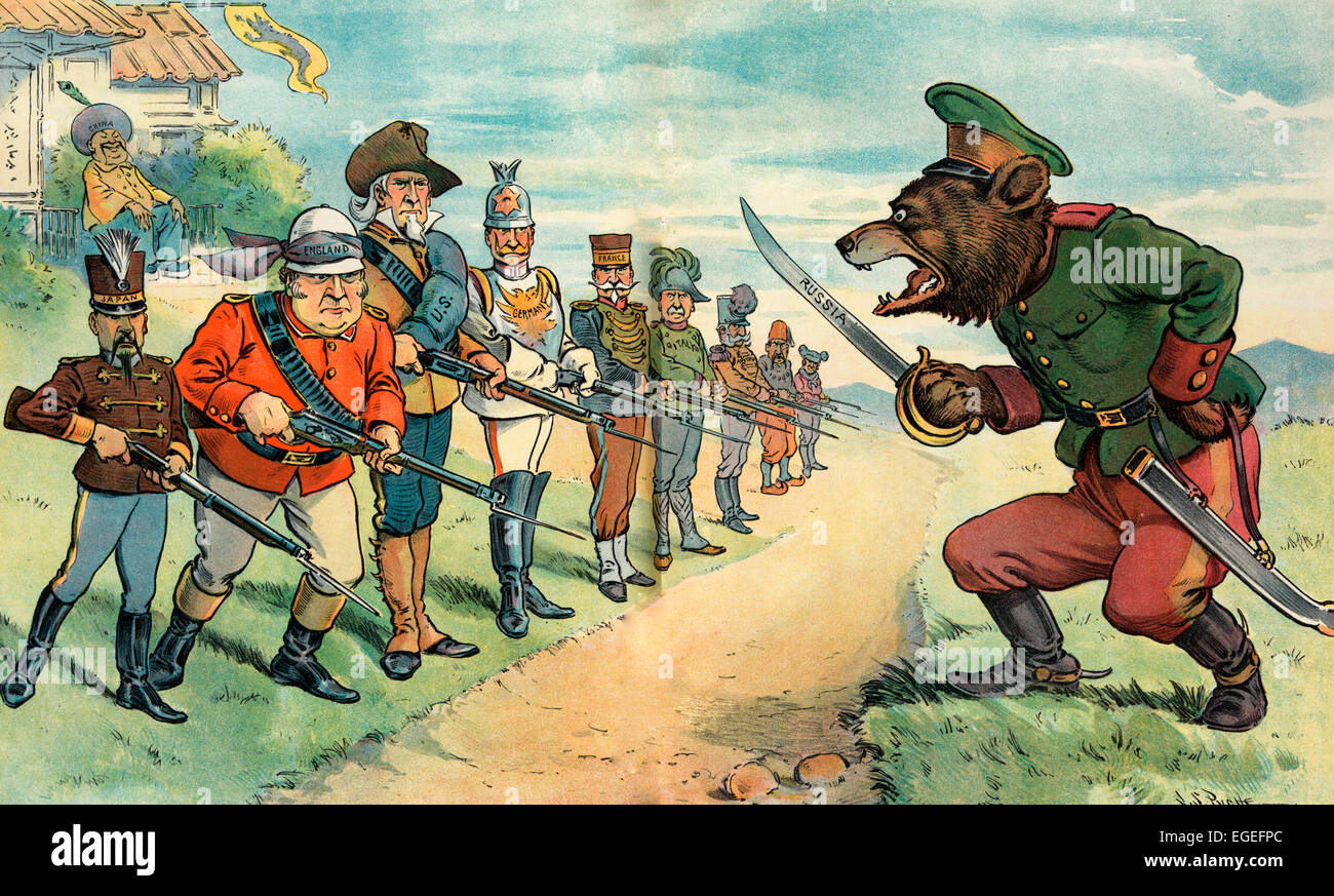 Die aktuelle chinesische Mauer - russischen Bären tragen eine militärische uniform und mit Schwert gezogen, stehend auf einer Seite eines Grabens; mit Blick auf den Bären auf der anderen Seite des Grabens sind verschiedene Herrscher, einschließlich "Japan", "Deutschland", "France", "Italien" und "Österreich", sowie John Bull Vertretung "England" und Onkel Sam, stehend, hält Gewehre mit Bajonetten, dahinter sitzt ein Mann mit der Bezeichnung "China", lacht. Politische Karikatur, 1901 Stockfoto