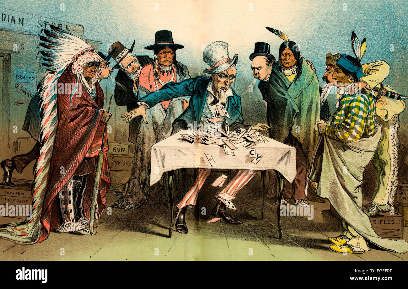 Unsere indische Politik - Kartenhaus. Uncle Sam sitzen an einem Tisch vor einem "Indian Store" mit Eingeborenen und Agenten der Regierung versammelt; Er war ein Kartenhaus mit der Bezeichnung "Indische Politik" bis die Agenten der Regierung und ein Mann auf ein Feld mit der Bezeichnung "Boston Gefühlsmensch" beugte sich über Bau und blies drauf, es umzuwerfen. Politische Karikatur, 1881 Stockfoto