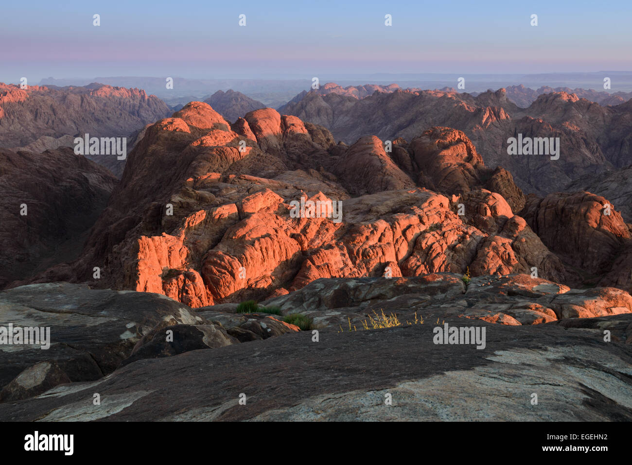 Gebirge im Sinai-Halbinsel, Ägypten, von der aufgehenden Sonne beleuchtet. Stockfoto