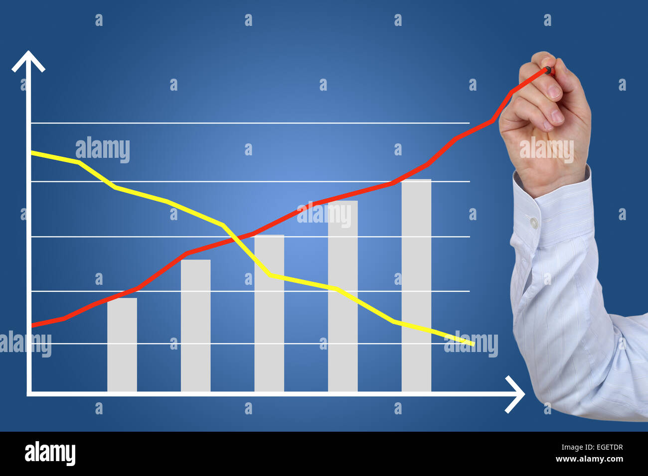 Geschäftsmann, ein Geschäft Konzept Kosten Erfolg Wachstumsdiagramm zeichnen Stockfoto