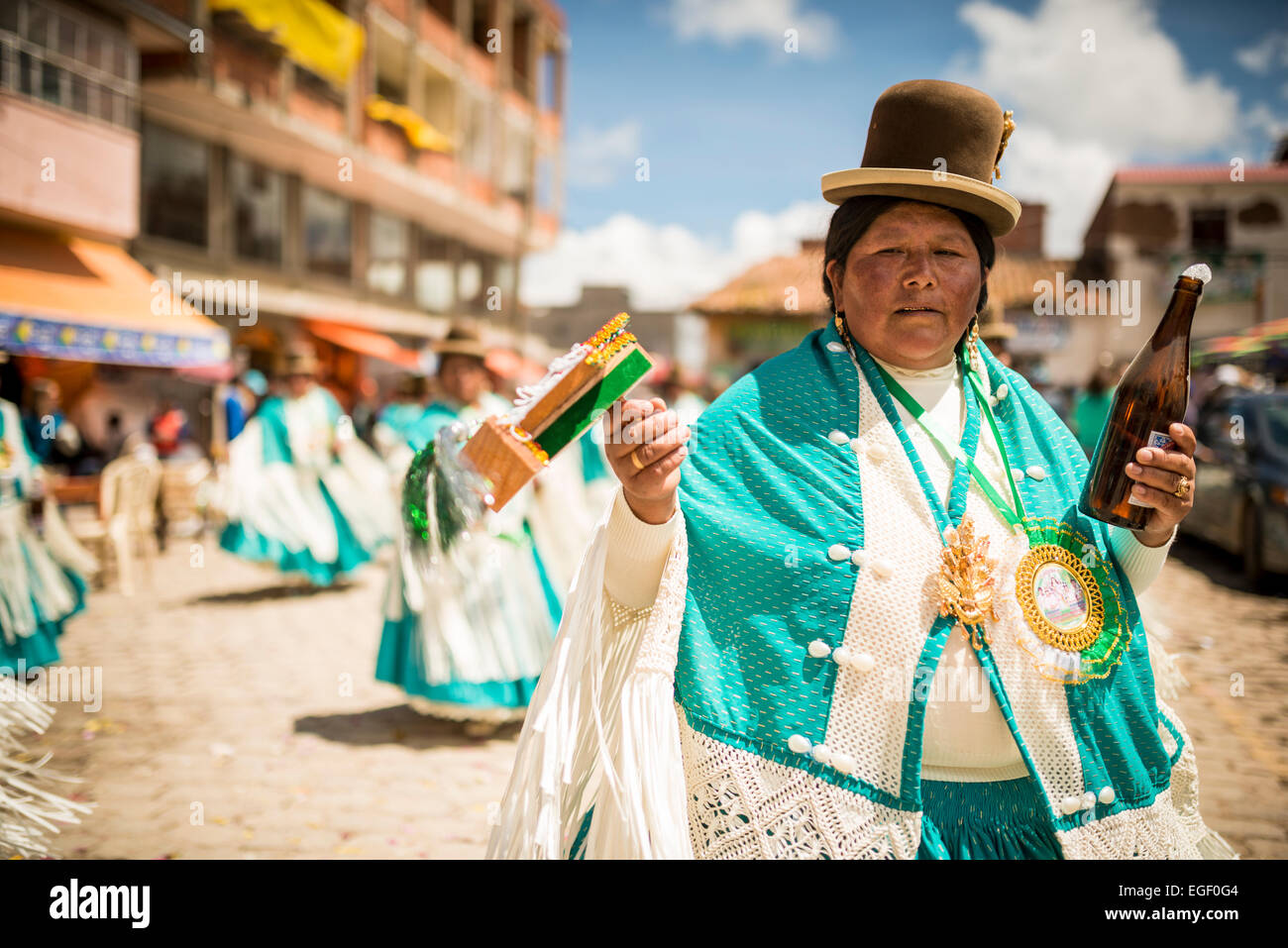 Tänzer in Tracht, Fiesta De La Virgen De La Candelaria, Copacabana, Titicacasee, Bolivien Stockfoto