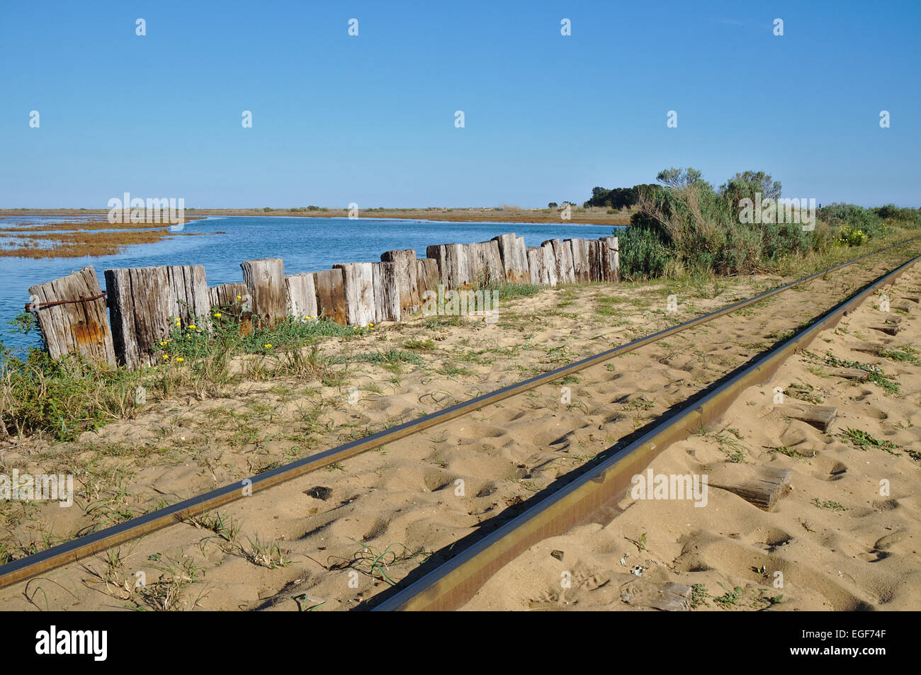 Touristischen Zug Eisenbahn zum Strand Praia Barril. Algarve, Portugal Stockfoto