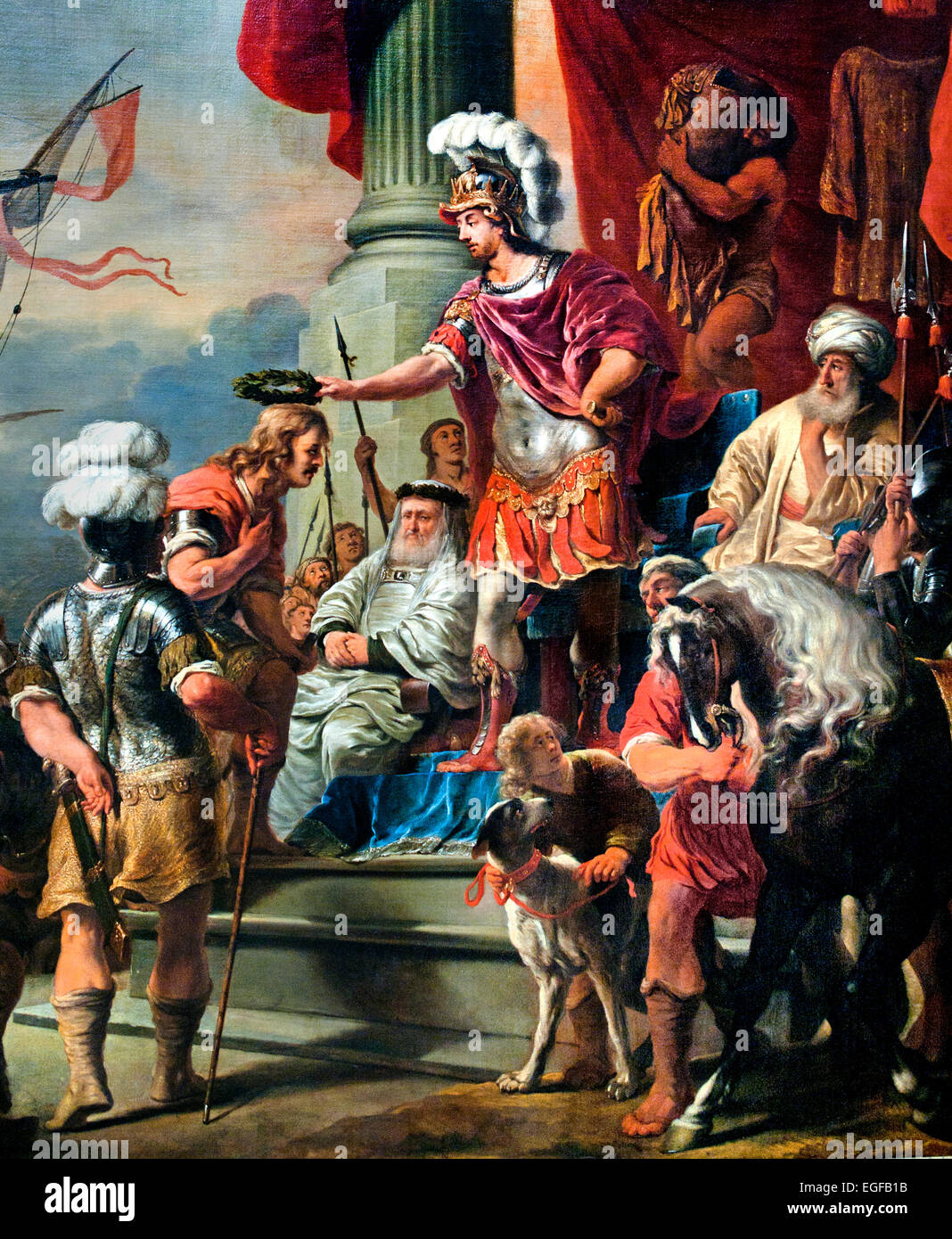 Aeneas bei Gericht Latinus 1661 Ferdinand Bol 1616-1680 Niederlande Netherlands (Vergils Aeneis. Aeneas gratuliert einem der vier Schiffe Kapitäne, die in einem Rennen konkurrierten. Alle vier wurden bei ihrer Rückkehr, auch der Kapitän, die seinem Steuermann über Bord warfen, für eine Bestellung Ungehorsam belohnt. Das Gemälde wurde von einem Gedicht von Vondel begleitet) Stockfoto