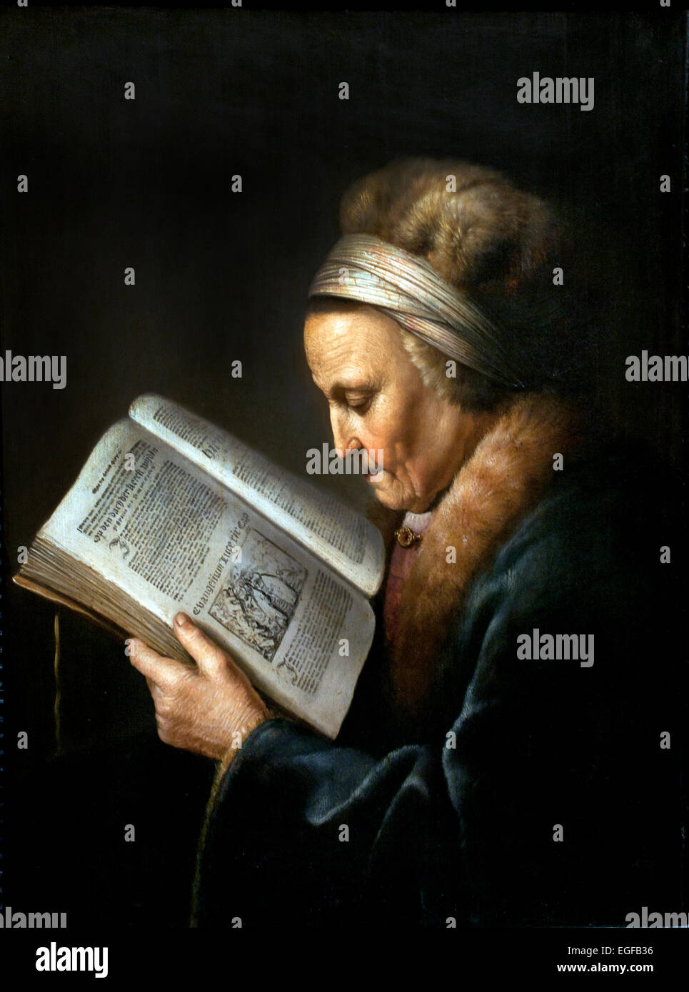 Alte Frau liest Gerard Dou 1613-1675 niederländischen Holländisches goldenes Alter Maler Stockfoto