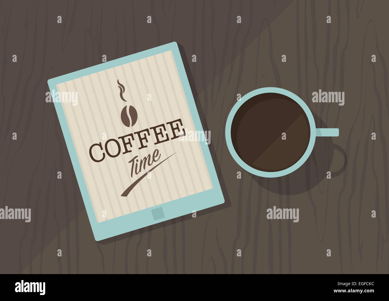 Vektor-Draufsicht des Kaffee Tasse und Tablet-pc, Kaffee-Zeit-Konzept Stockfoto