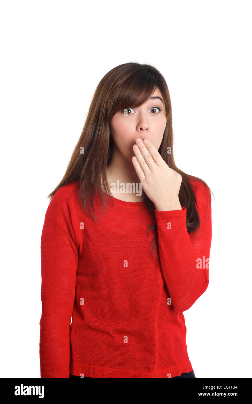 Überrascht Mädchen in rot auf weißem Hintergrund Stockfoto