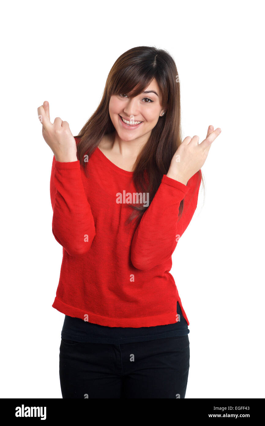 Mädchen in rot mit Daumen Handzeichen auf weißem Hintergrund Stockfoto