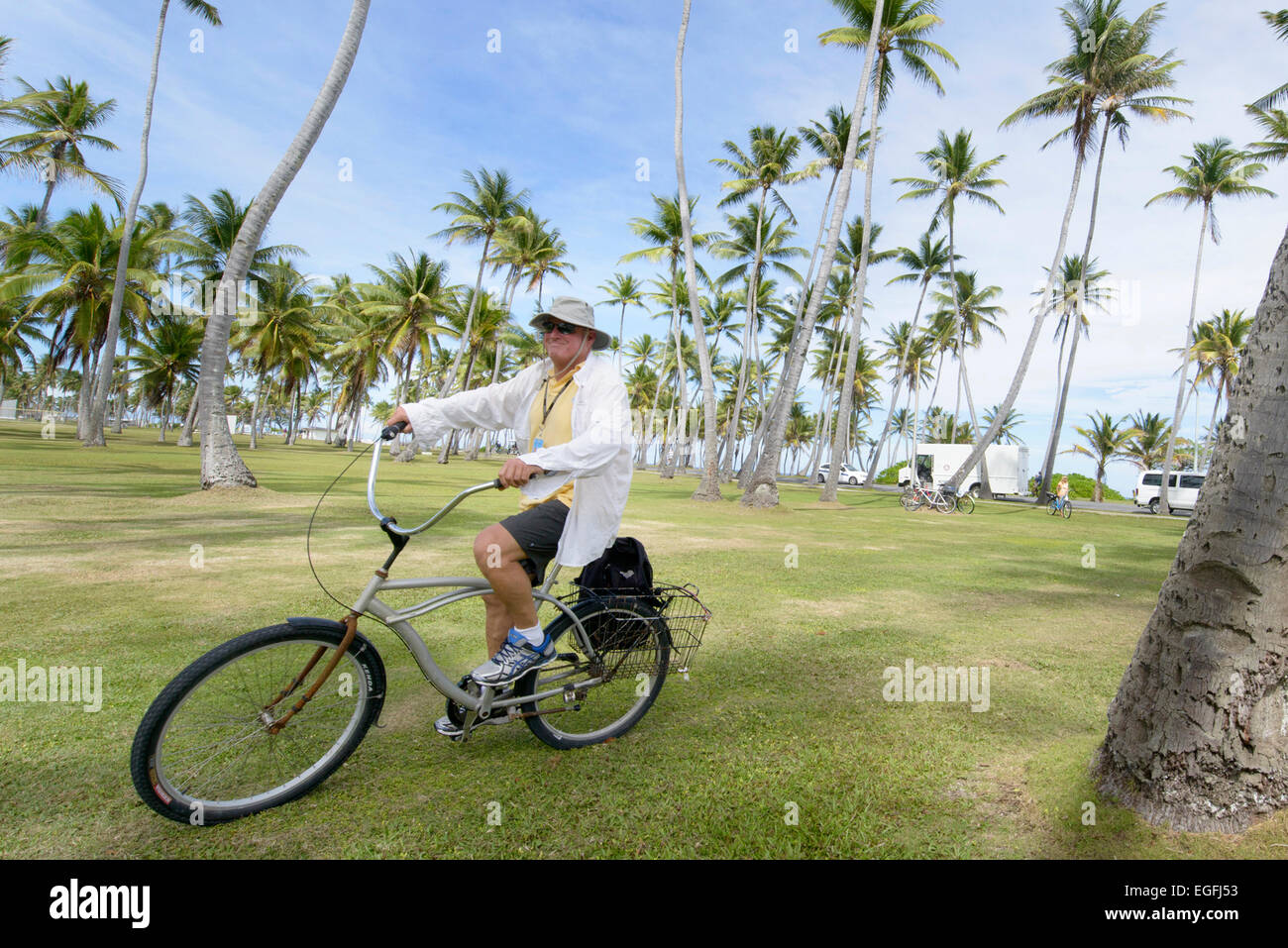 Ein Bewohner fährt Fahrrad durch einen Palmenhain 21. Februar 2015 in Kwajalein, Marshall-Inseln. Stockfoto