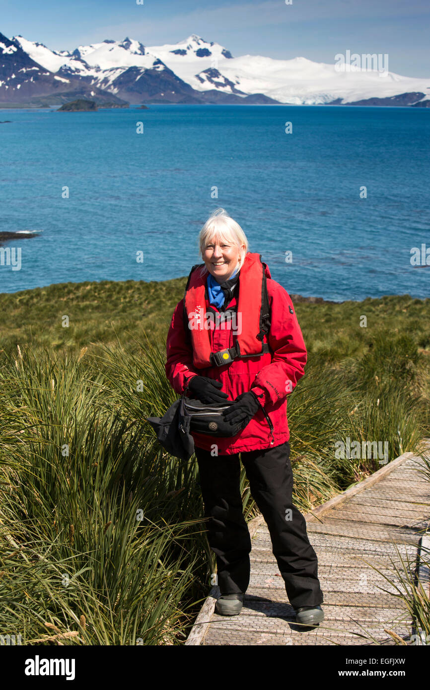 Südatlantik, Südgeorgien, Bucht der Inseln, Prion Island, lächelnde Frau tourist Stockfoto