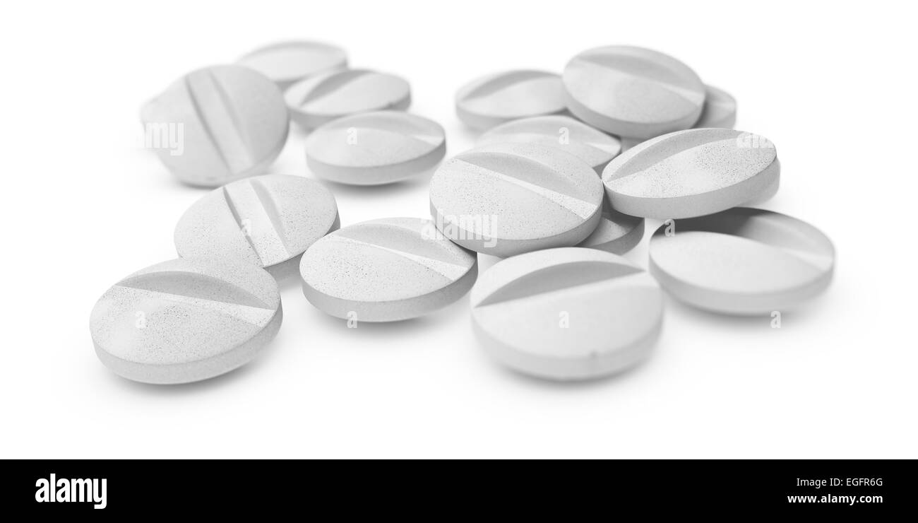 Viele Pillen oder Tabletten auf weißem Hintergrund Symbol von Medikamenten. Stockfoto