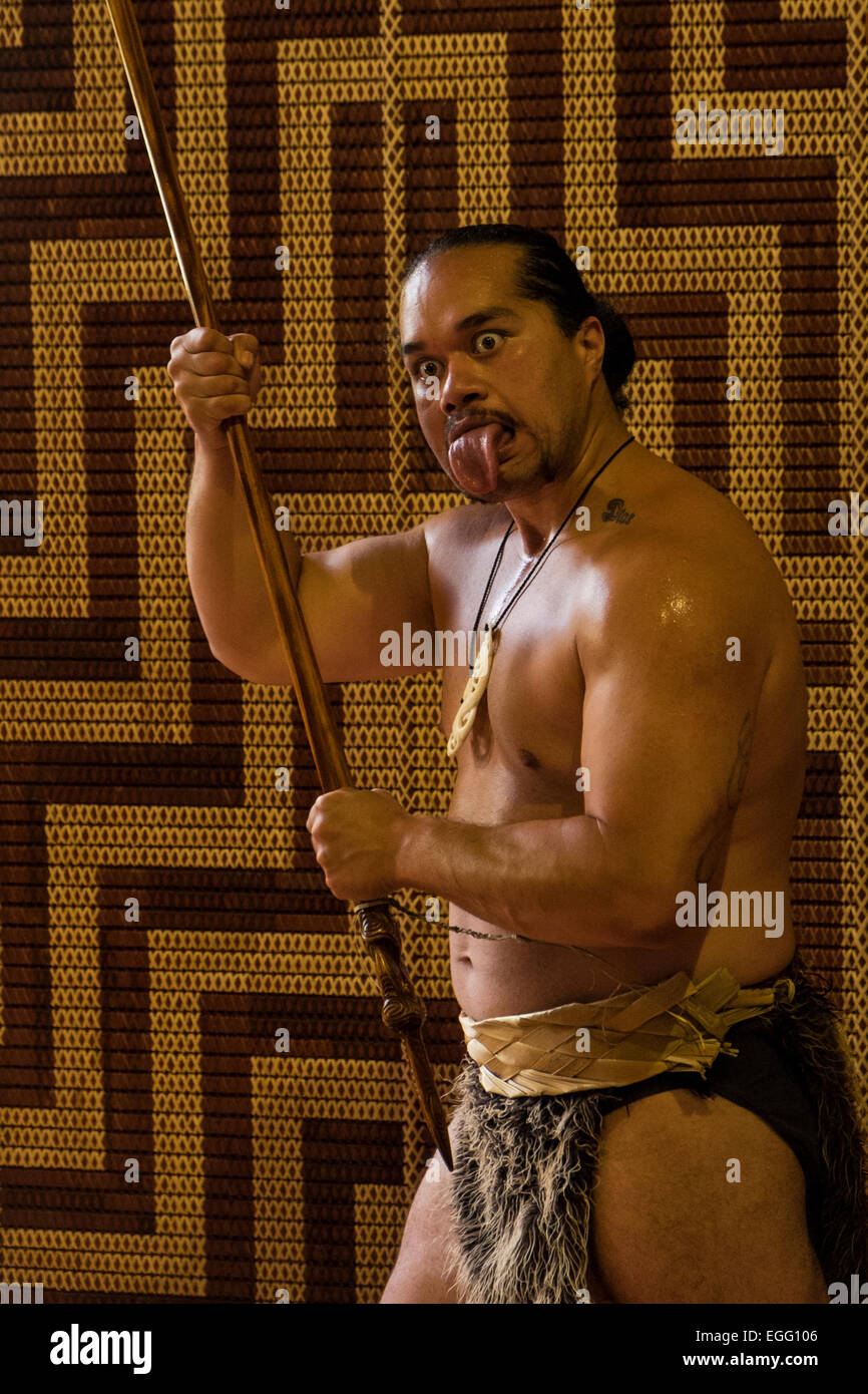 Te Pitowhenua Gruppe von Darstellern Handeln einen traditionelle Maori Schuh mit Gesang und Tanz für Touristen und Besucher in die Waitangi zu behandeln Stockfoto