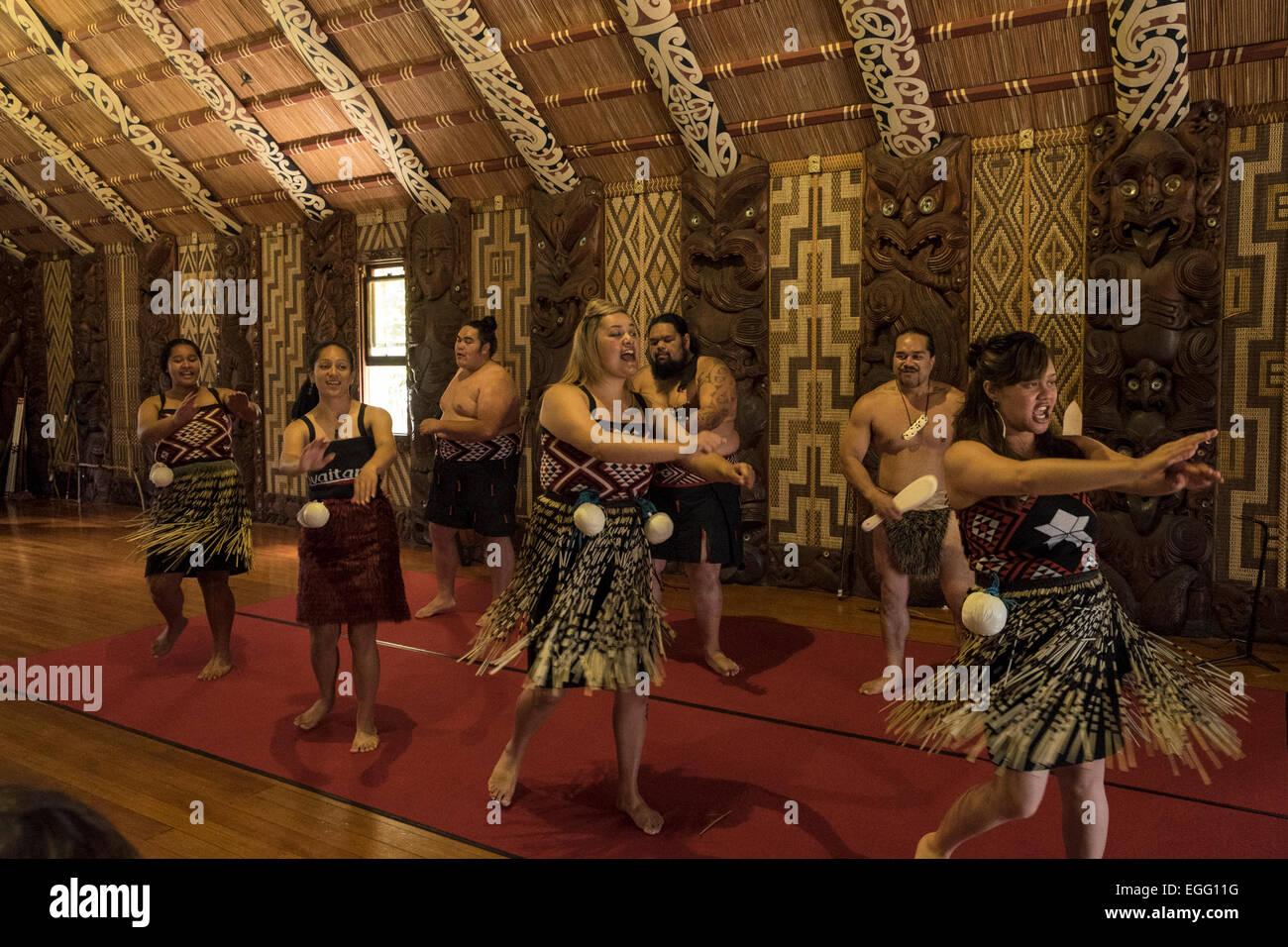 Te Pitowhenua Gruppe von Darstellern Handeln einen traditionelle Maori Schuh mit Gesang und Tanz für Touristen und Besucher in die Waitangi zu behandeln Stockfoto