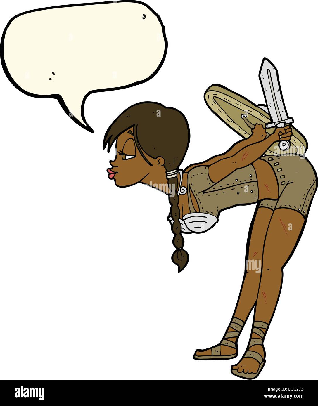 Cartoon-Viking Mädchen verbeugte sich mit Sprechblase Stock Vektor