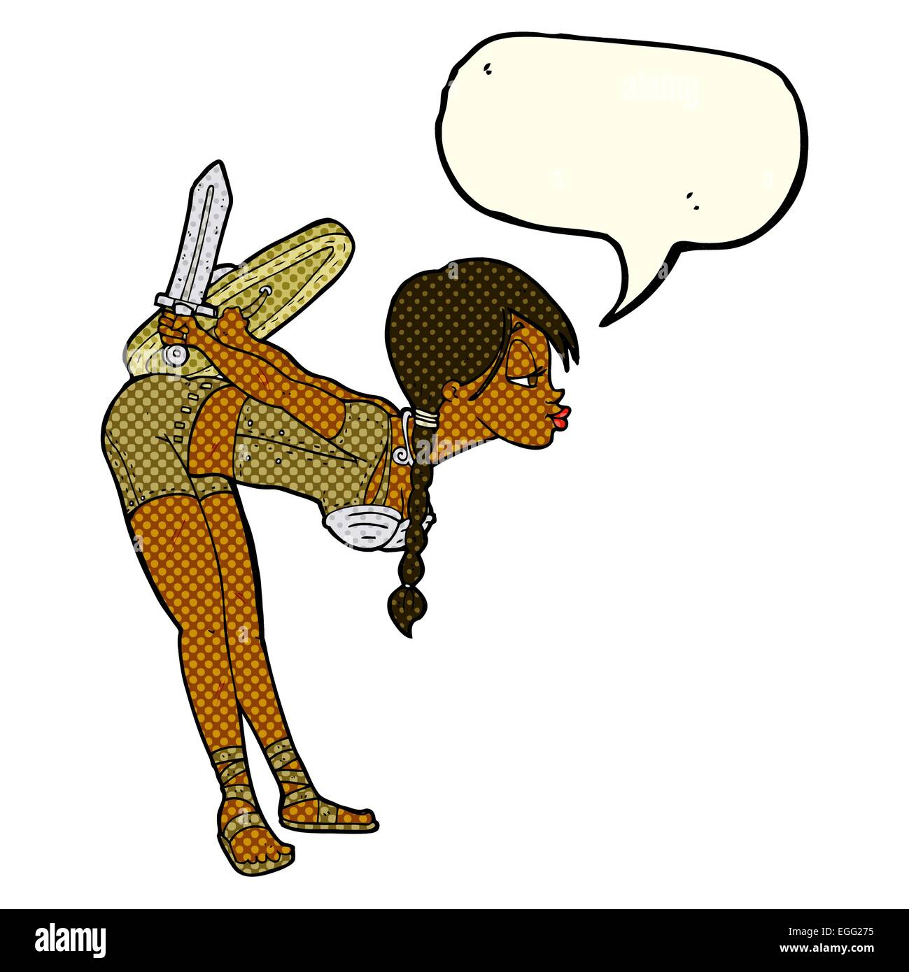 Cartoon-Viking Mädchen verbeugte sich mit Sprechblase Stock Vektor