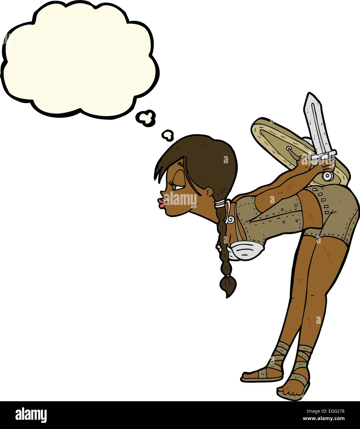 Cartoon-Viking Mädchen verbeugte sich mit Gedankenblase Stock Vektor