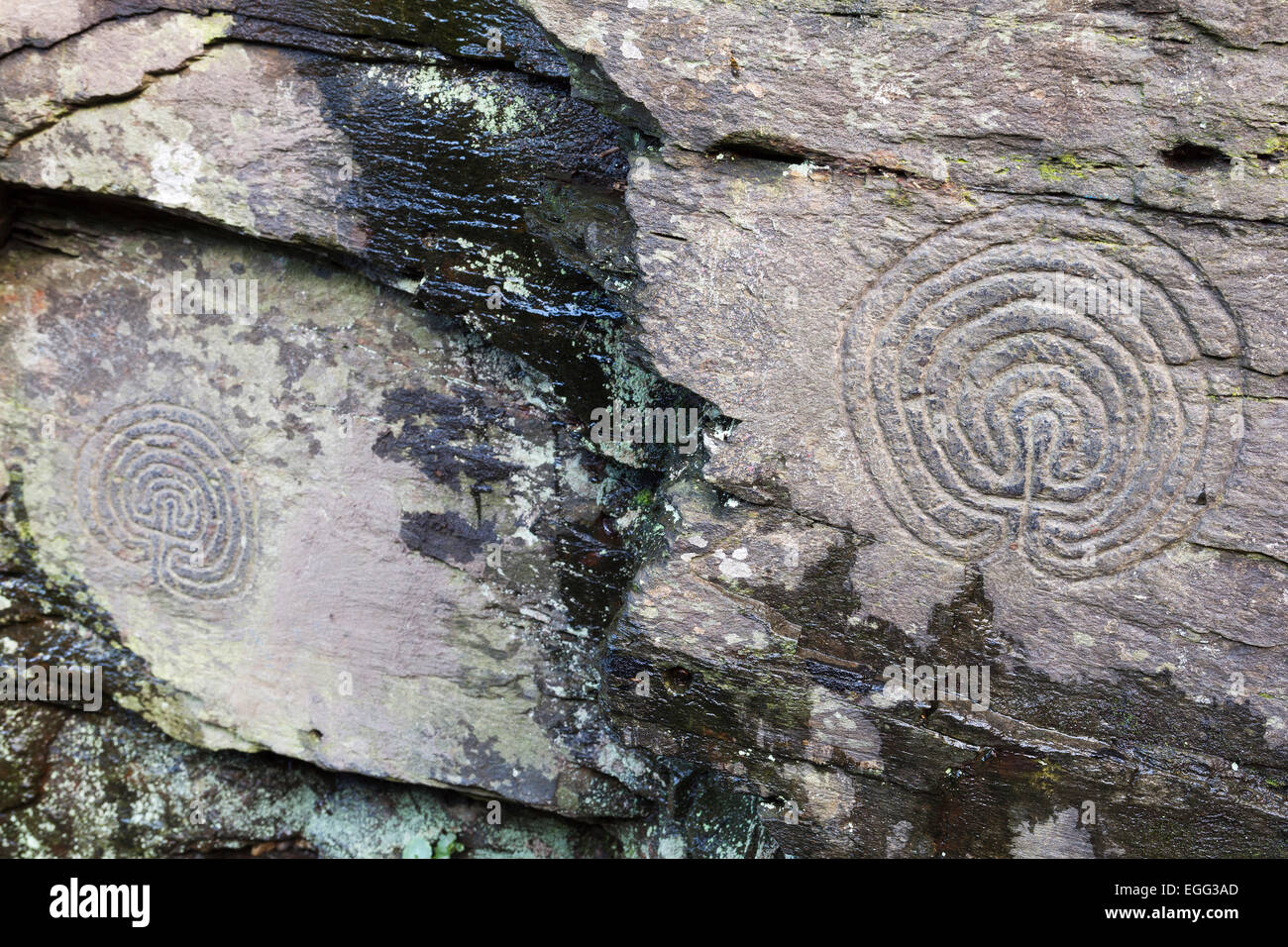 "Rocky Valley" rock Carvings, Labyrinth Petroglyphen, Cornwall, England, UK Stockfoto