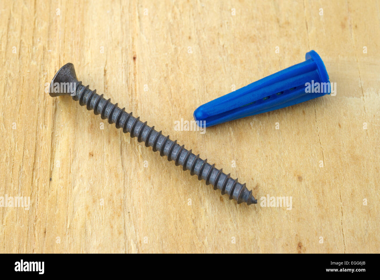Eine blaue Kunststoff Maueranker mit einer schwarzen Schraube auf einer Werkbank Sperrholz. Stockfoto