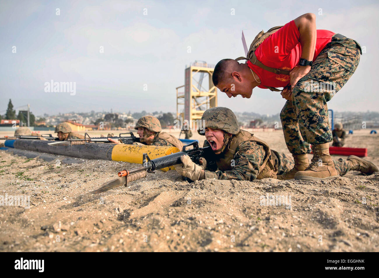 Ein US Marine Corps Drill Instructor schreit ein Marine-Rekrut während Bootcamp Bajonett Hindernisparcours im Marine Corps Recruit Depot 2. Februar 2015 in San Diego, Kalifornien. Stockfoto