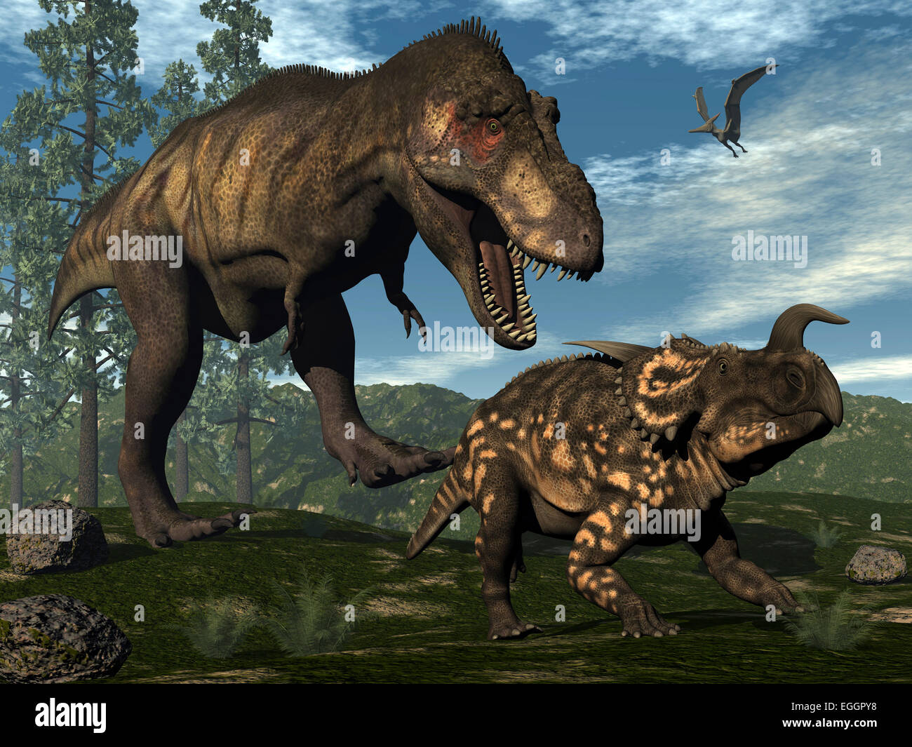 Tyrannosaurus Rex Angriff auf eine Einiosaurus Dinosaurier unter Onychiopsis und Wollemia Kiefern. Stockfoto