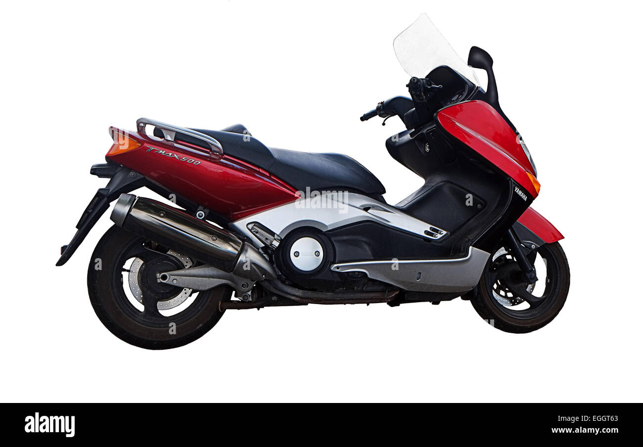 Yamaha T Max 500 Maxi-Scooter-Ausschnitt auf weißem Hintergrund Stockfoto