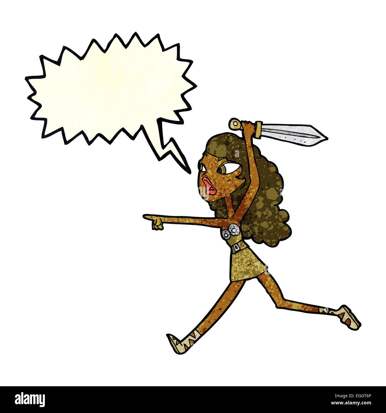 Cartoon-Mädchen mit Schwert mit Sprechblase Stock Vektor