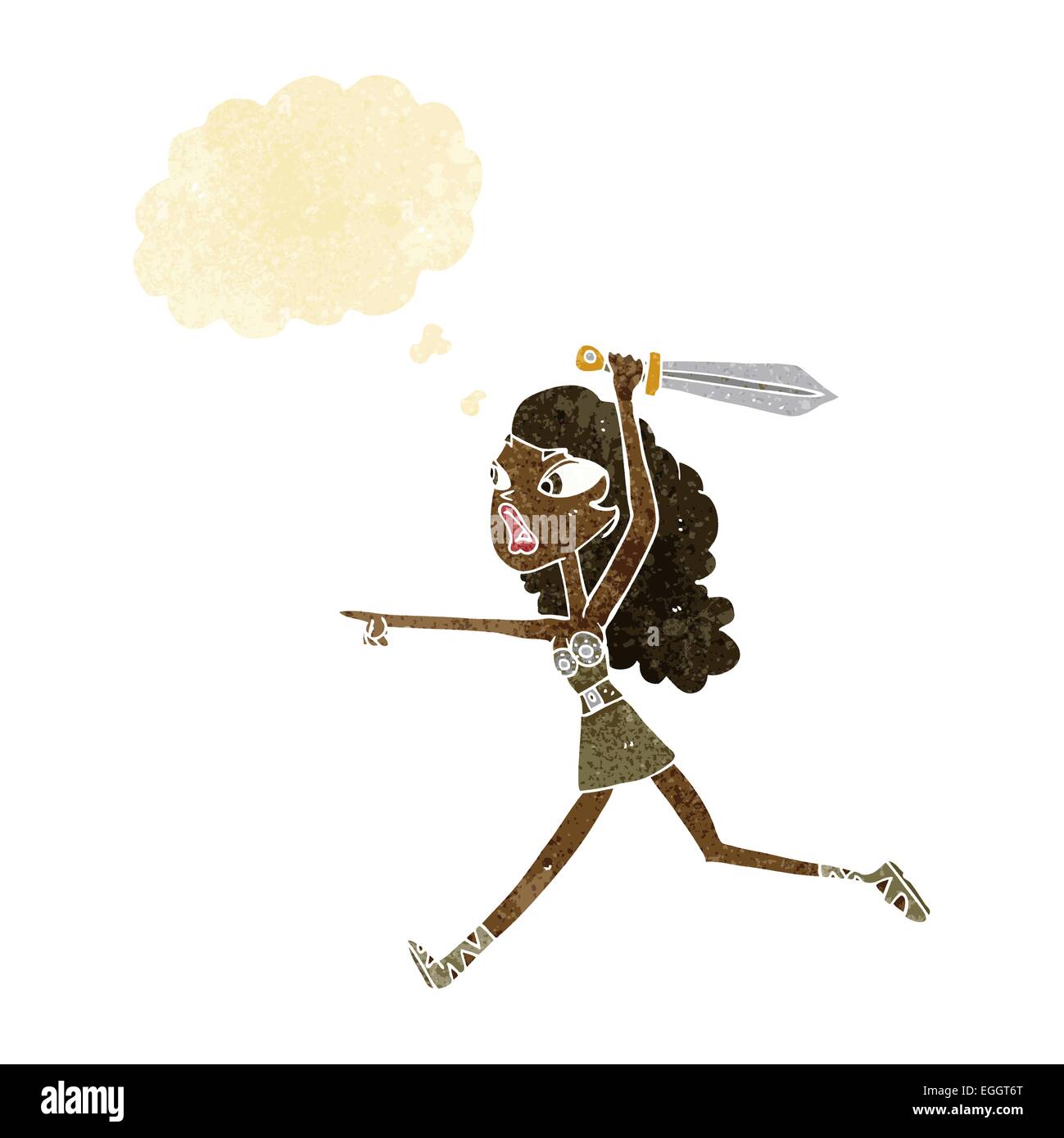 Cartoon-Mädchen mit Schwert mit Gedankenblase Stock Vektor