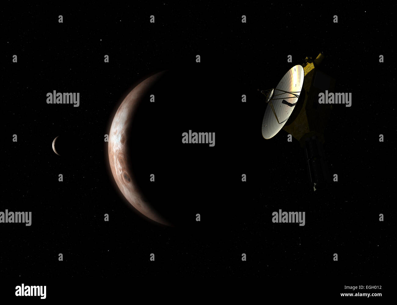 Neue Horizonte unbemannte Raumsonde der NASA fliegt in den Schatten der Zwergplanet Pluto und seinem Mond Charon. Neue Horizonte wurde e Stockfoto