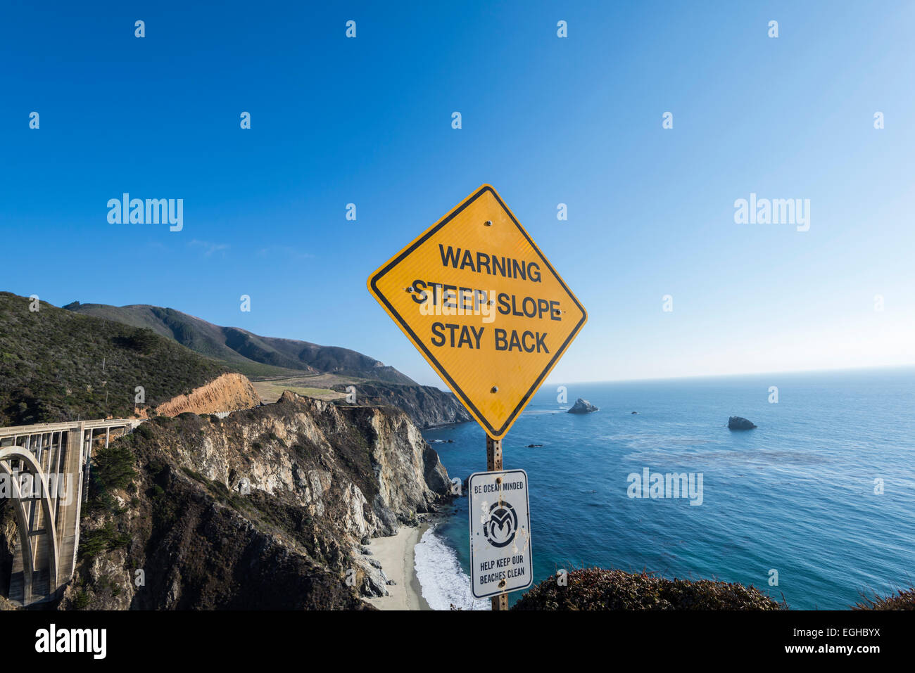 Steilen Hang bleiben zurück Warnschild Warnung. California, United States. Stockfoto