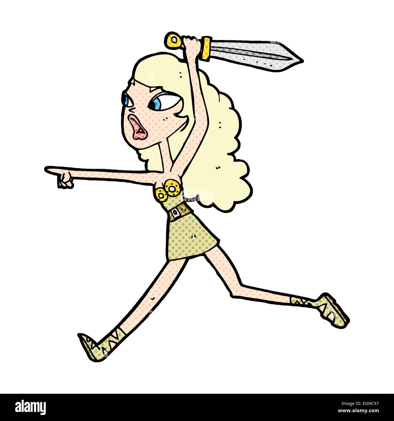 Retro Comic-Stil cartoon Viking Mädchen mit Schwert Stock Vektor