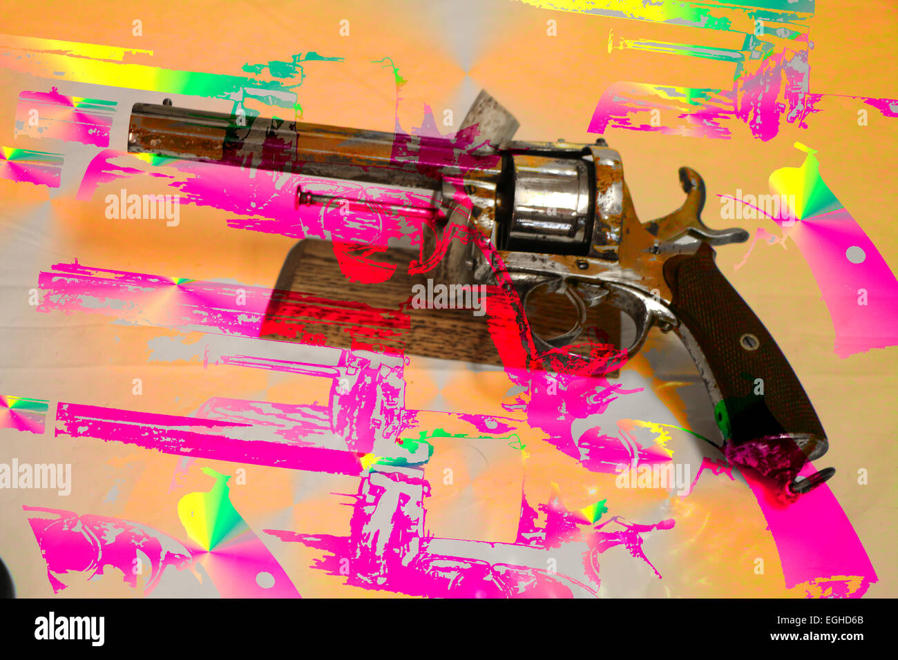 architektonisches Detail Hintergrund Waffen Nahaufnahme Farbe Bild digital zusammengesetzte Dämmerung vorgestellten Pistole Pistolen horizontale ein lila Rauchen Stockfoto