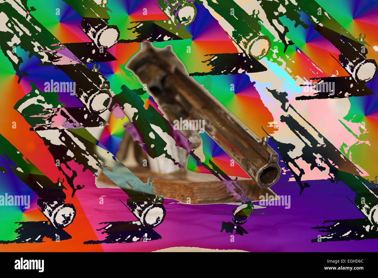architektonisches Detail Hintergrund Waffen Nahaufnahme Farbe Bild digital zusammengesetzte Dämmerung vorgestellten Pistole Pistolen horizontale ein lila Rauchen Stockfoto