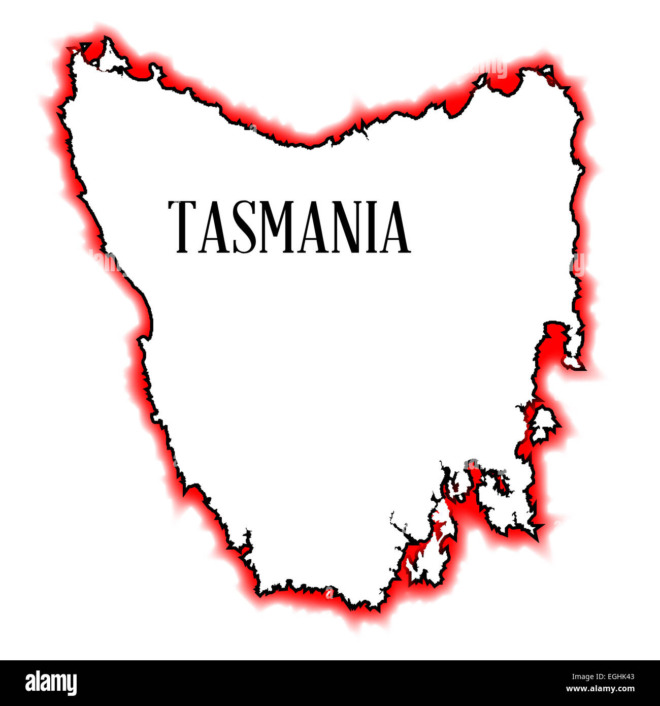 Der Umriß von Tasmanien mit roten und schwarzen Rand auf weißem Hintergrund Stockfoto