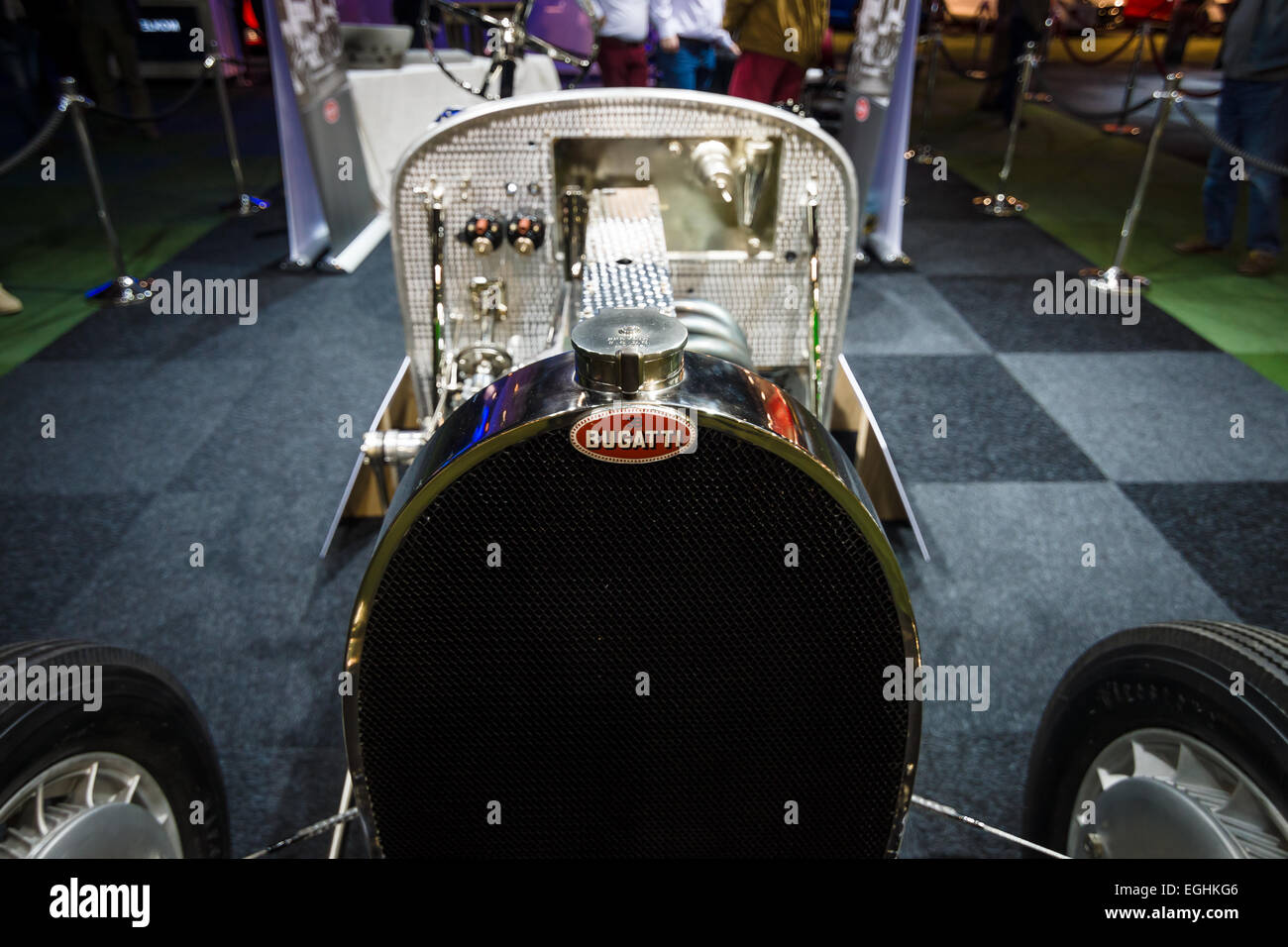 Retro-Auto Bugatti Closeup Fragment. Ausstellung der belgischen Gesellschaft für die Restaurierung von Oldtimern Arie-Jean. Stockfoto