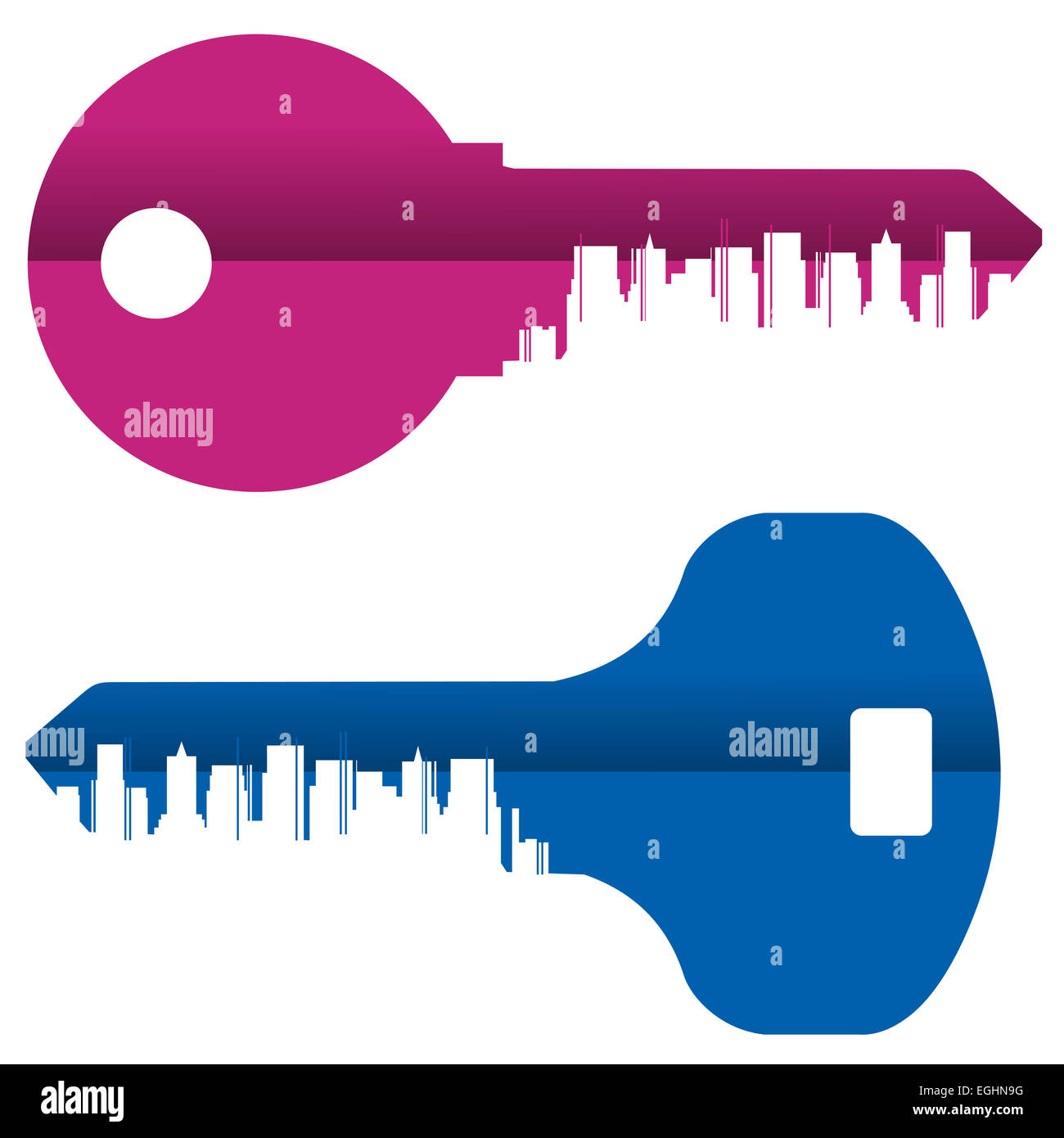 Abstraktion. Farbige Tasten und die Stadt auf einem weißen Hintergrund Stockfoto
