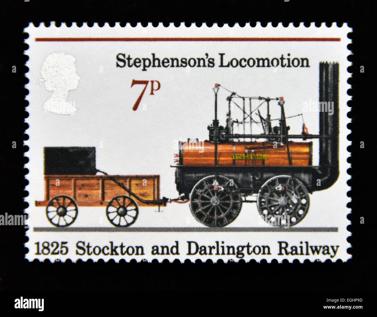 Briefmarke. Great Britain. Königin Elizabeth II. 1975. 150.. Jahrestag der öffentlichen Eisenbahnen. Stephensons Locomotion 1825. Stockfoto