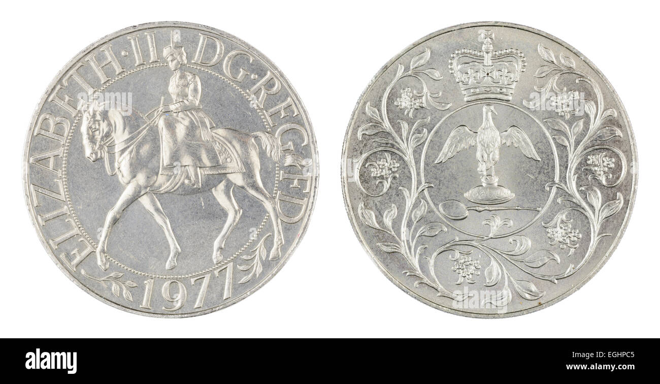 Silberne Jubiläumsmünze. Beide Seiten einer britischen 1977 Queens Silver Jubilee Kronenmünze. Stockfoto