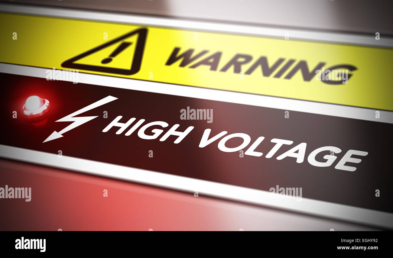Stromschlag-Konzept. Control Panel mit Rotlicht und Warnung. Konzeptbild Symbol der Stromschlag-Gefahr. Stockfoto