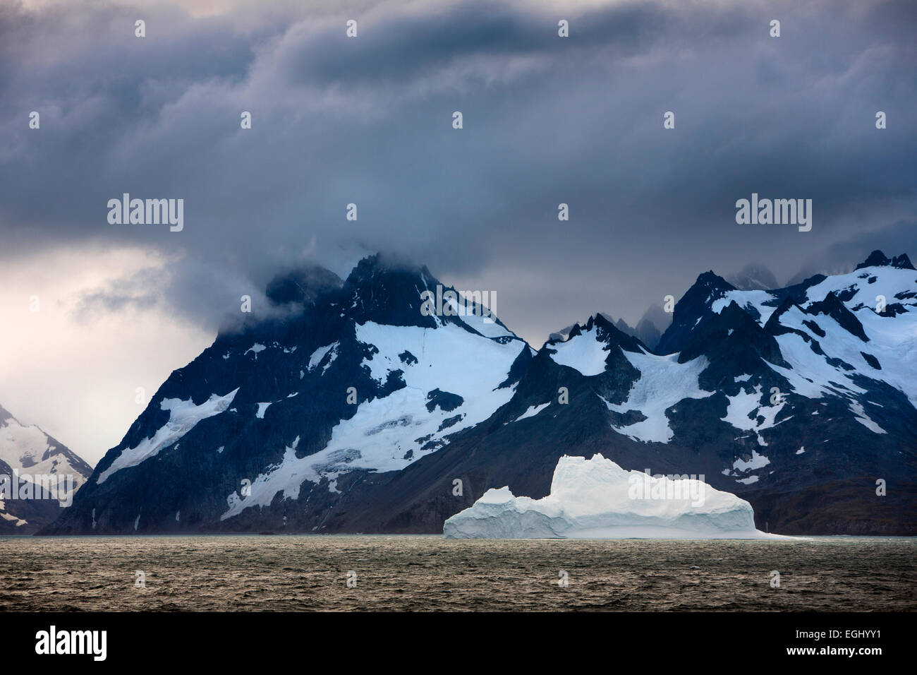 Süd-Georgien, Eisberg am Eingang Drygalski Fjord unter Schnee bedeckt Berge Stockfoto