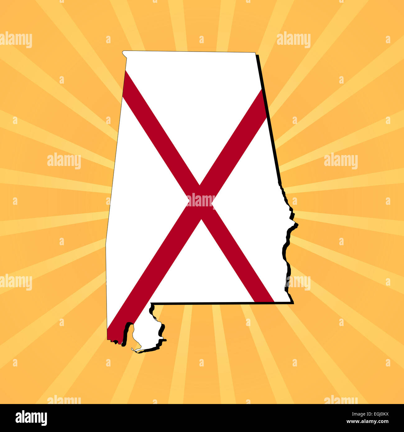 Alabama Karte Flagge auf Sunburst illustration Stockfoto