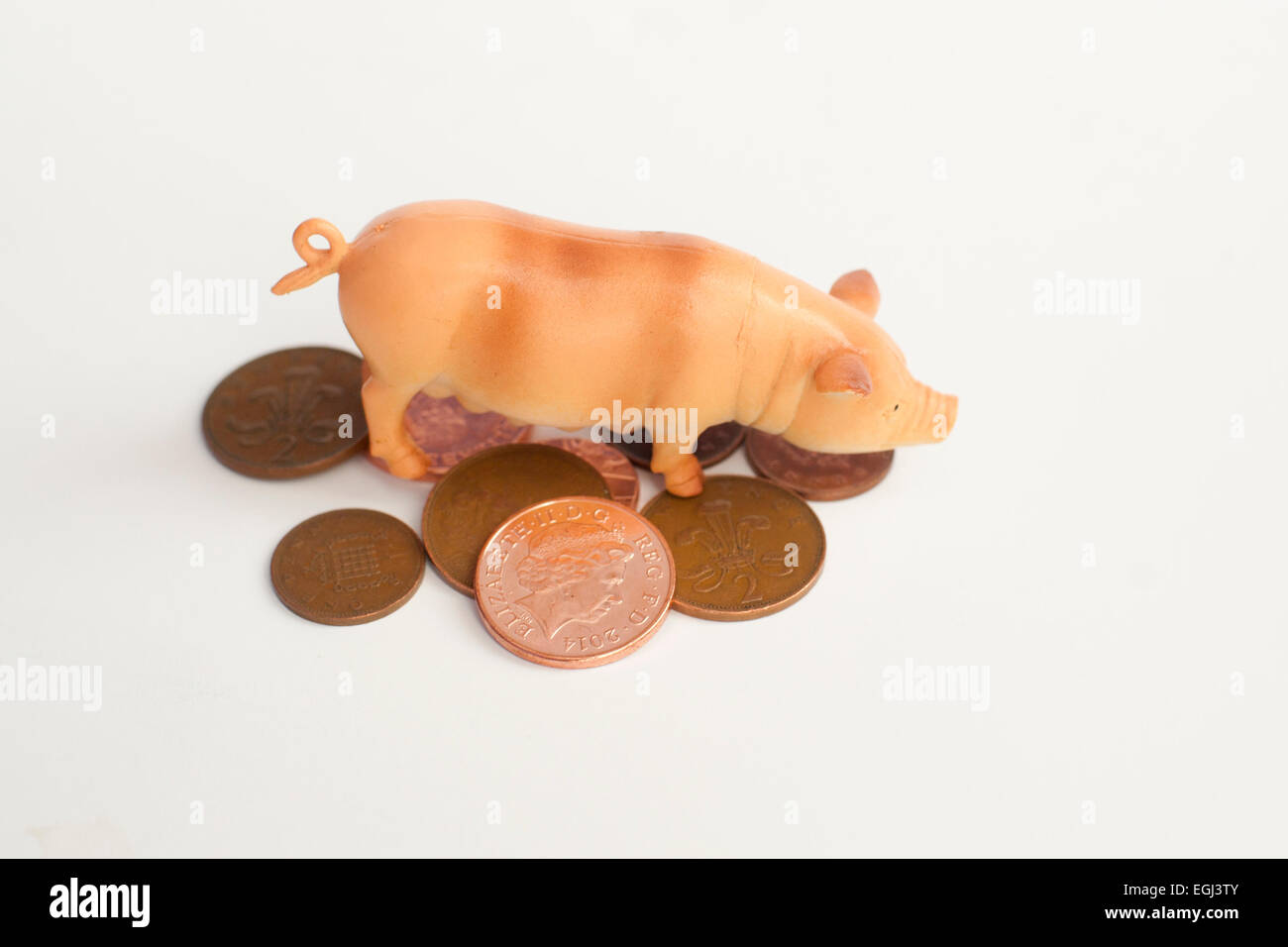 Ein Spielzeug Schwein steht auf Kupfermünzen, die ein Sparschwein oder Spargeld, schlechte Investitionen oder Rückgang in der Landwirtschaft und Landwirtschaft Stockfoto