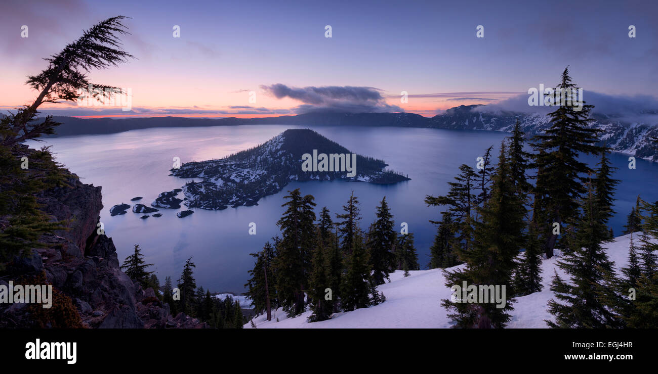 USA, Amerika, Kratersee, Licht, Atmosphäre, Winter, Schnee, Gegenlicht, Morgen, blau, lila, Tannen, Wasser, Landschaft, Stockfoto