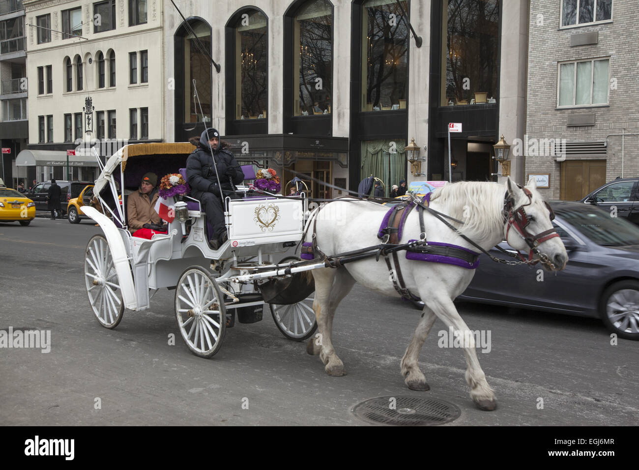 Einige dauern einer romantische Kutschfahrt entlang der Central Park South am Valentinstag in New York City. Stockfoto