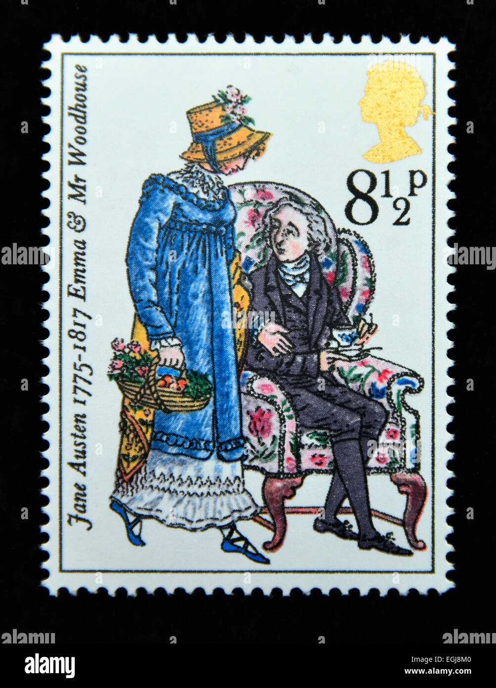 Briefmarke. Great Britain. Königin Elizabeth II. 1975. Geburt Zweihundertjahrfeier von Jane Austen (Schriftsteller). Stockfoto
