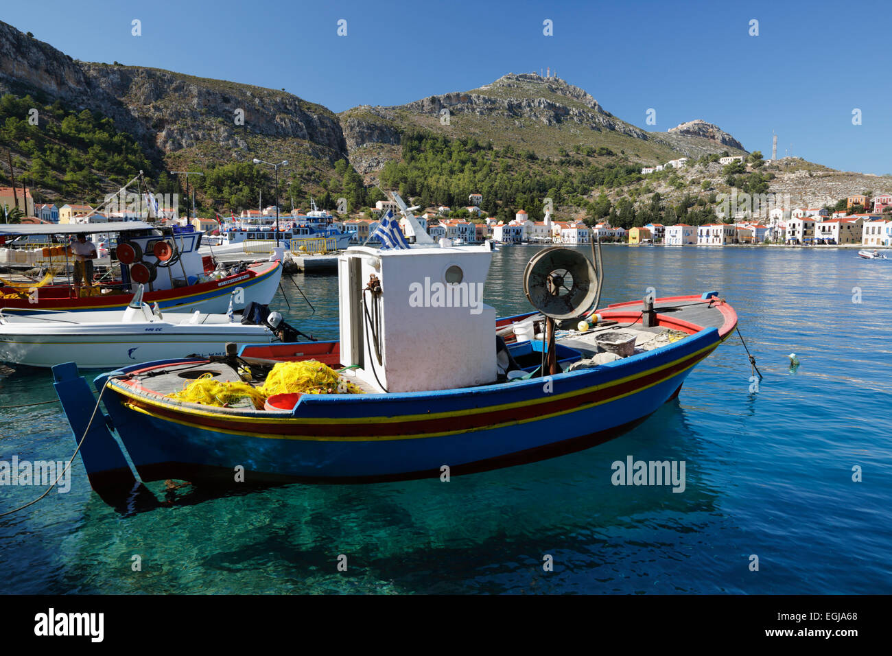 Blick auf Hafen, Kastellorizo (Meis), Dodekanes, griechische Inseln, Griechenland, Europa Stockfoto