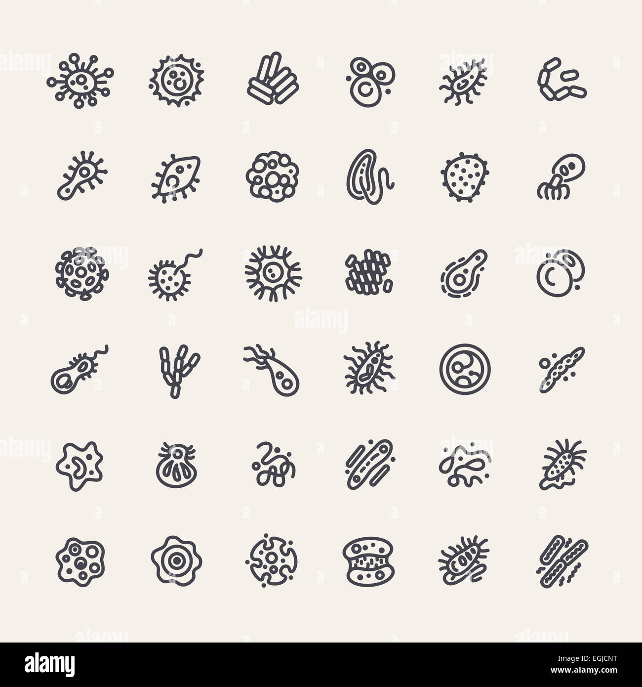 Reihe von 36 Icons mit Bakterien und Keime Stockfoto
